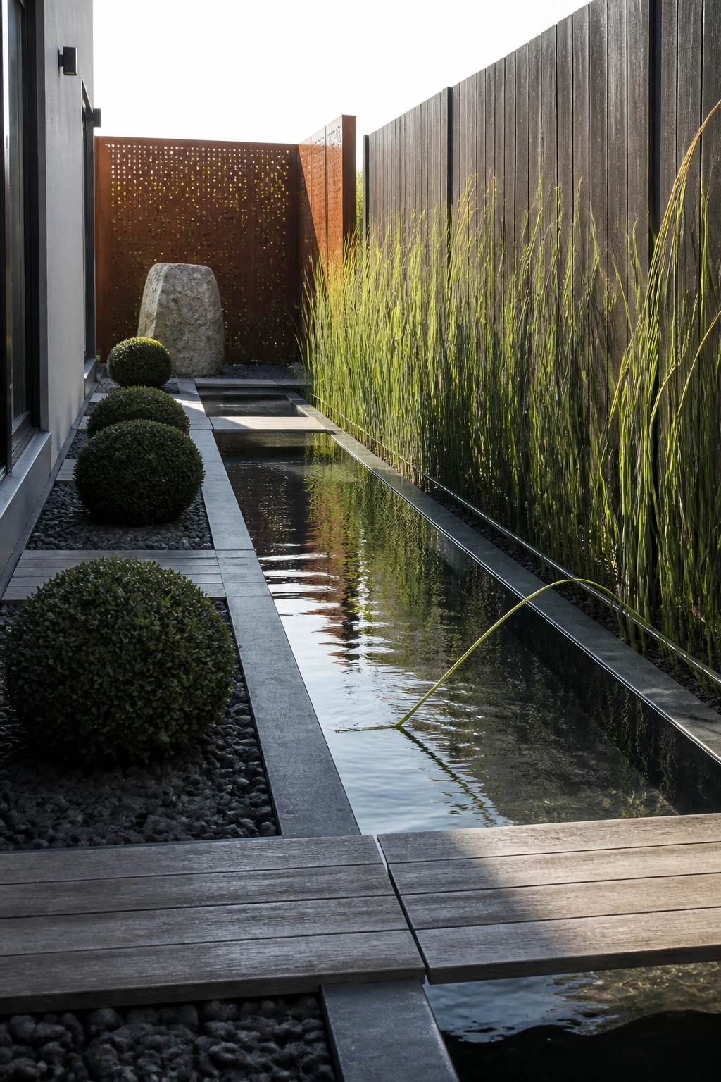 A narrow rectangular water channel runs through a side yard bordered by dark wood fencing, tall grasses, rounded shrubs, and a stone on one side, with wooden decking crossing the foreground.