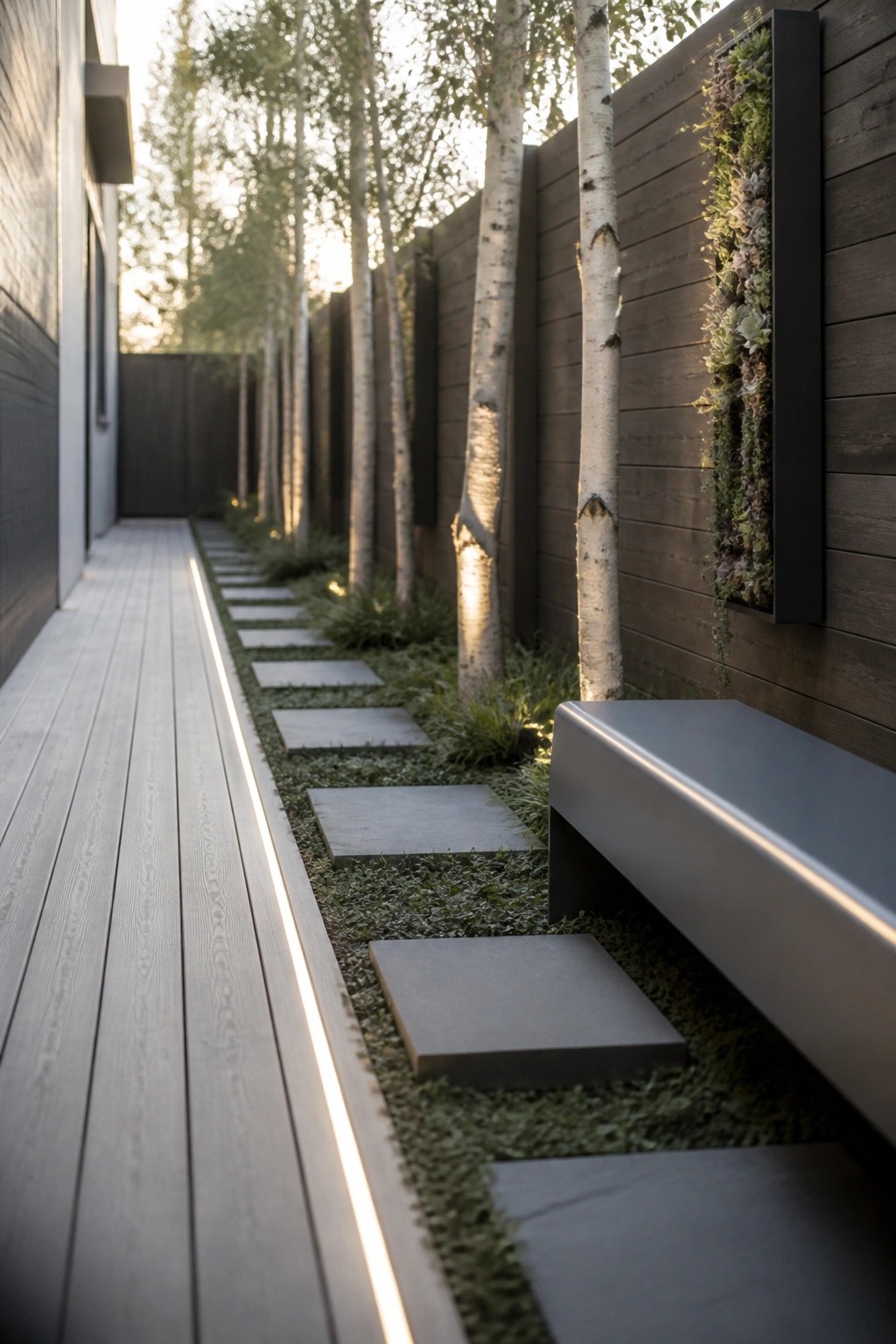 A narrow outdoor side yard features a light wooden deck on the left, concrete stepping stones set into grass, several birch trees, a dark wood fence with a vertical succulent garden, and a modern bench on the right.