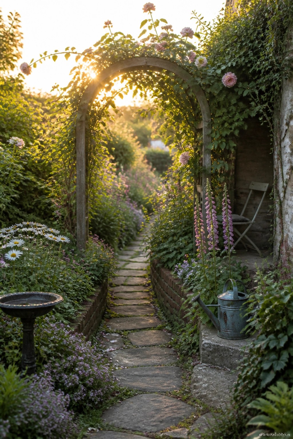A narrow stone path runs beneath a wooden arch covered in pink roses, with flower beds lining both sides and a metal watering can resting on a step near a wooden chair.