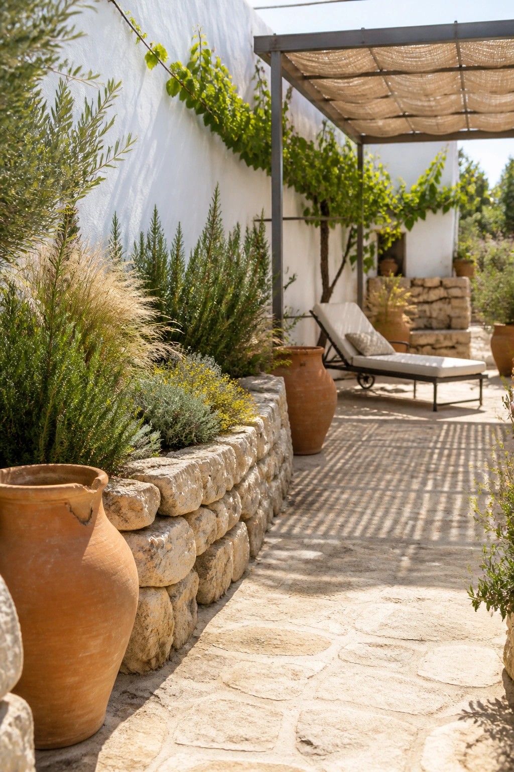 Stone patio with terracotta pots, climbing vines, and lounge chair under pergola.