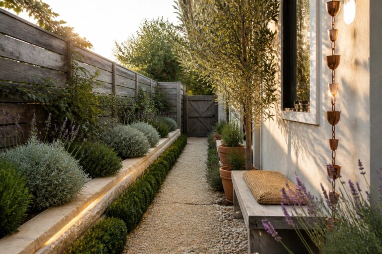 A narrow gravel path bordered by a stone-edged raised bed with lavender and shrubs on the left and low boxwoods with terracotta pots and a wooden bench on the right, next to a house wall and wooden fence.