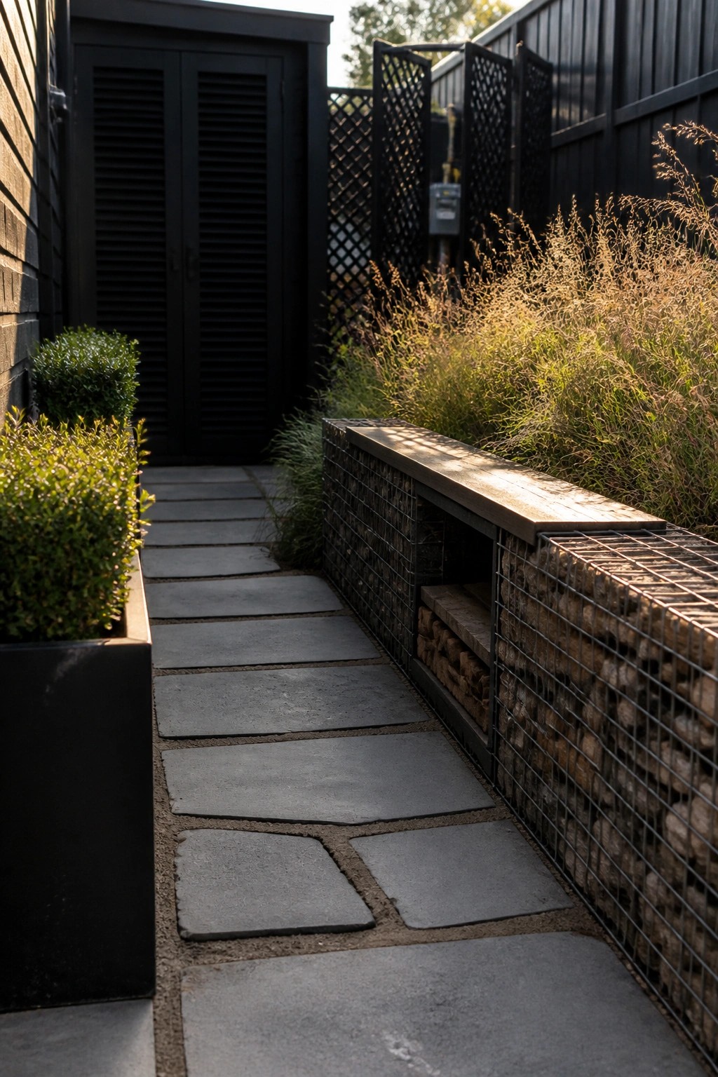 Narrow stone path beside black planters and sunlit gabion bench wall.