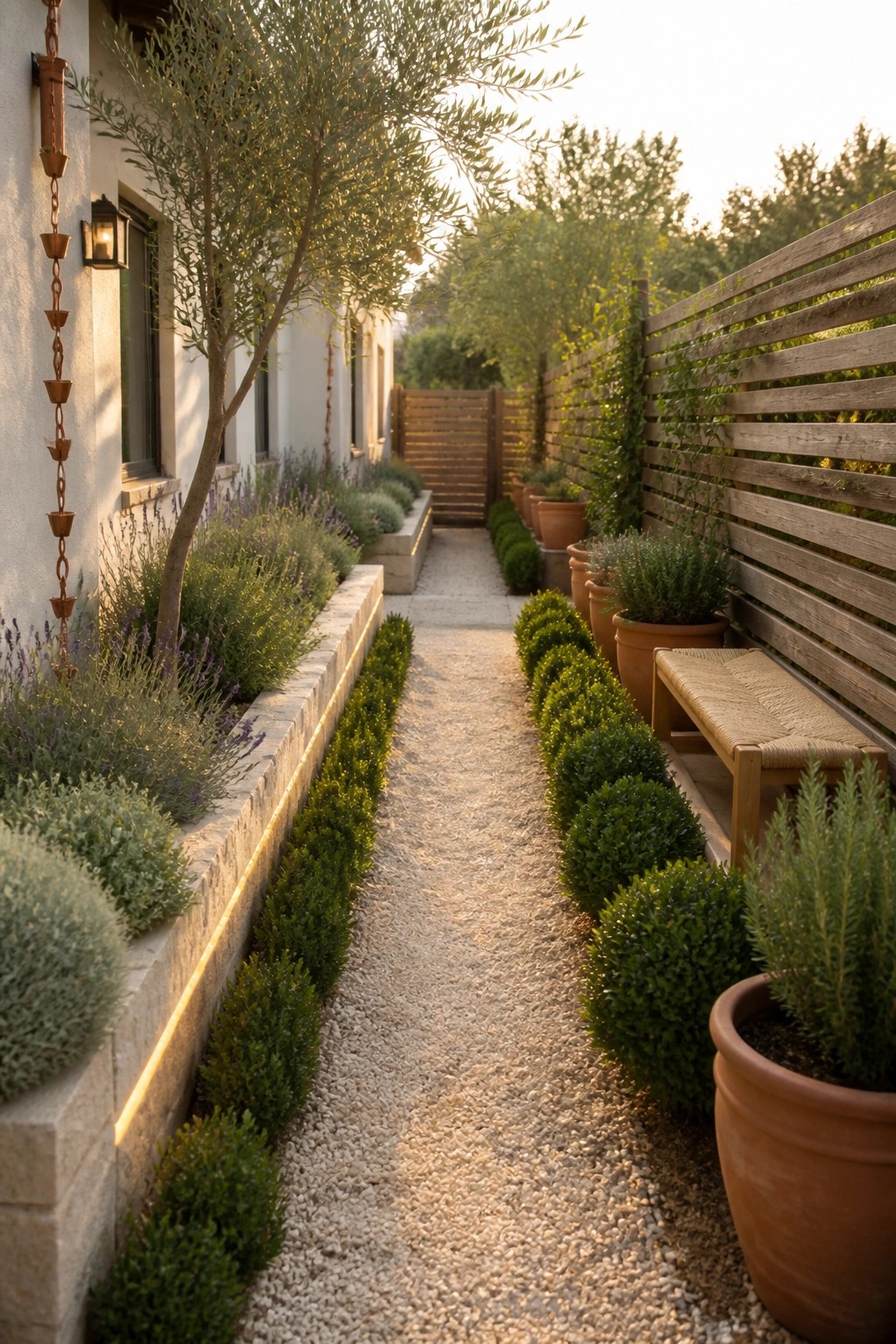 A narrow gravel path bordered by a stone-edged raised bed with lavender and shrubs on the left and low boxwoods with terracotta pots and a wooden bench on the right, next to a house wall and wooden fence.