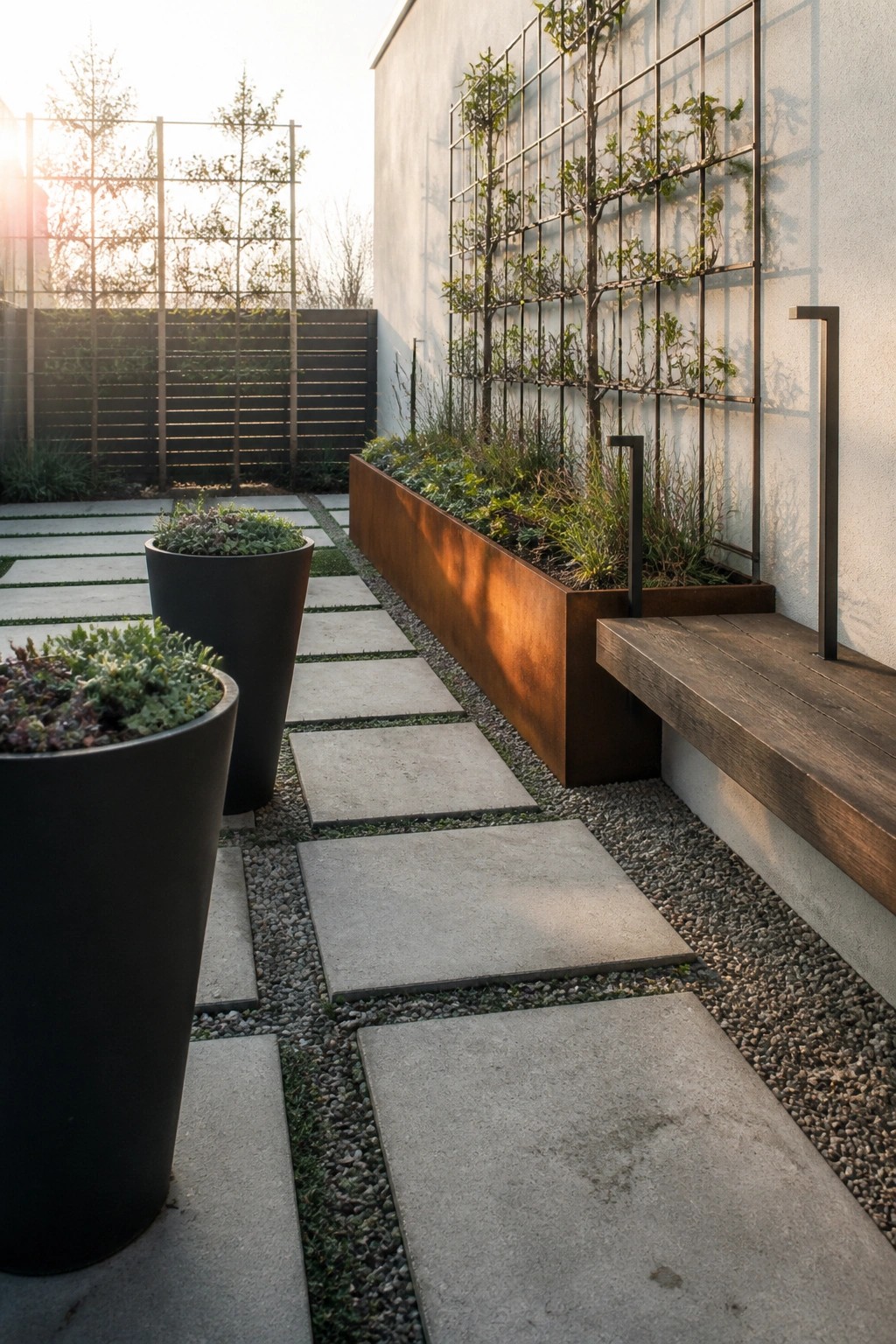 Narrow garden with concrete pavers, gravel, large black planters, and a long rusted metal raised bed with attached wooden bench against a wall with trellis.