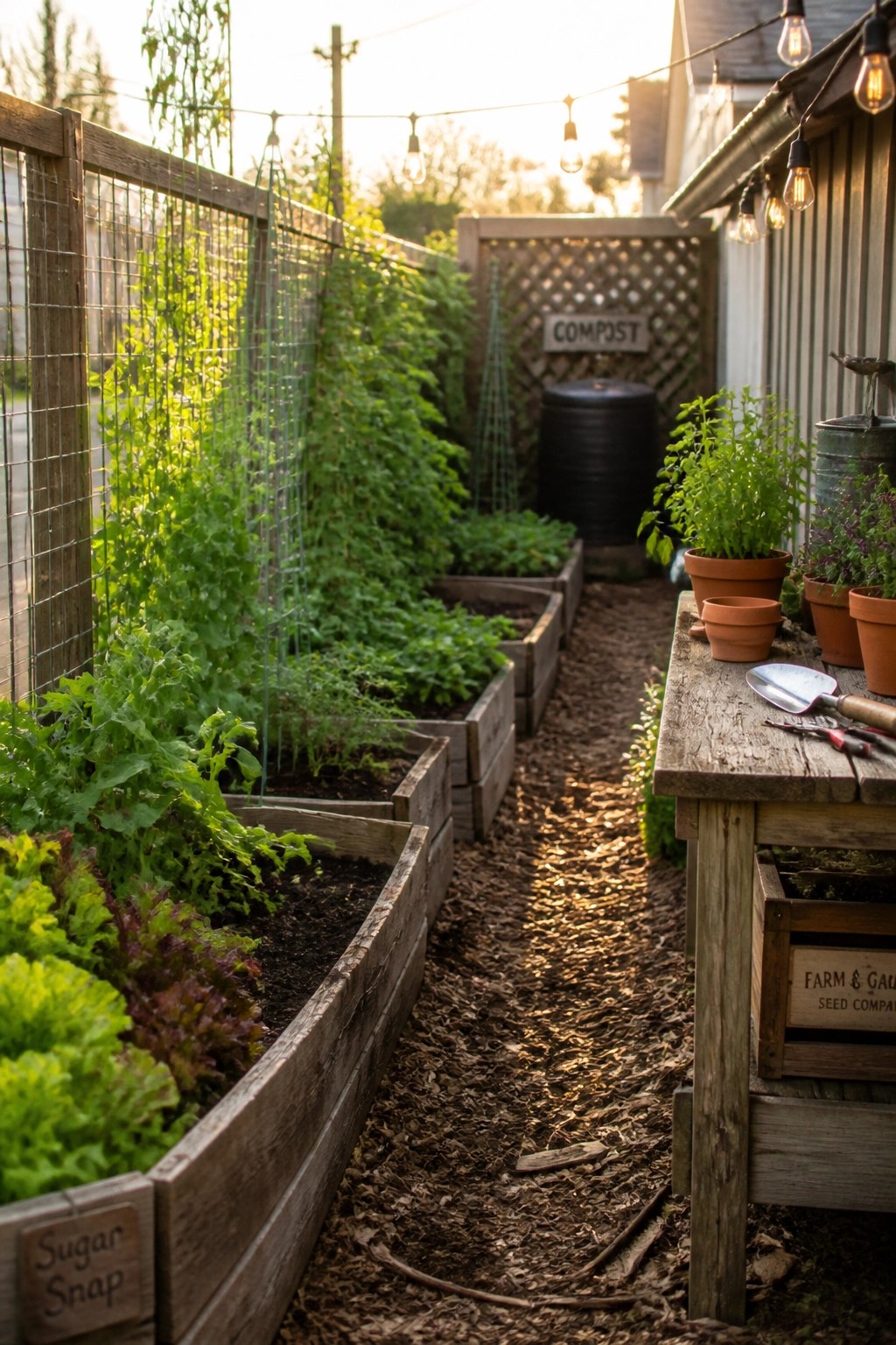 Lush raised garden beds with greens, string lights, and potting bench at sunset.