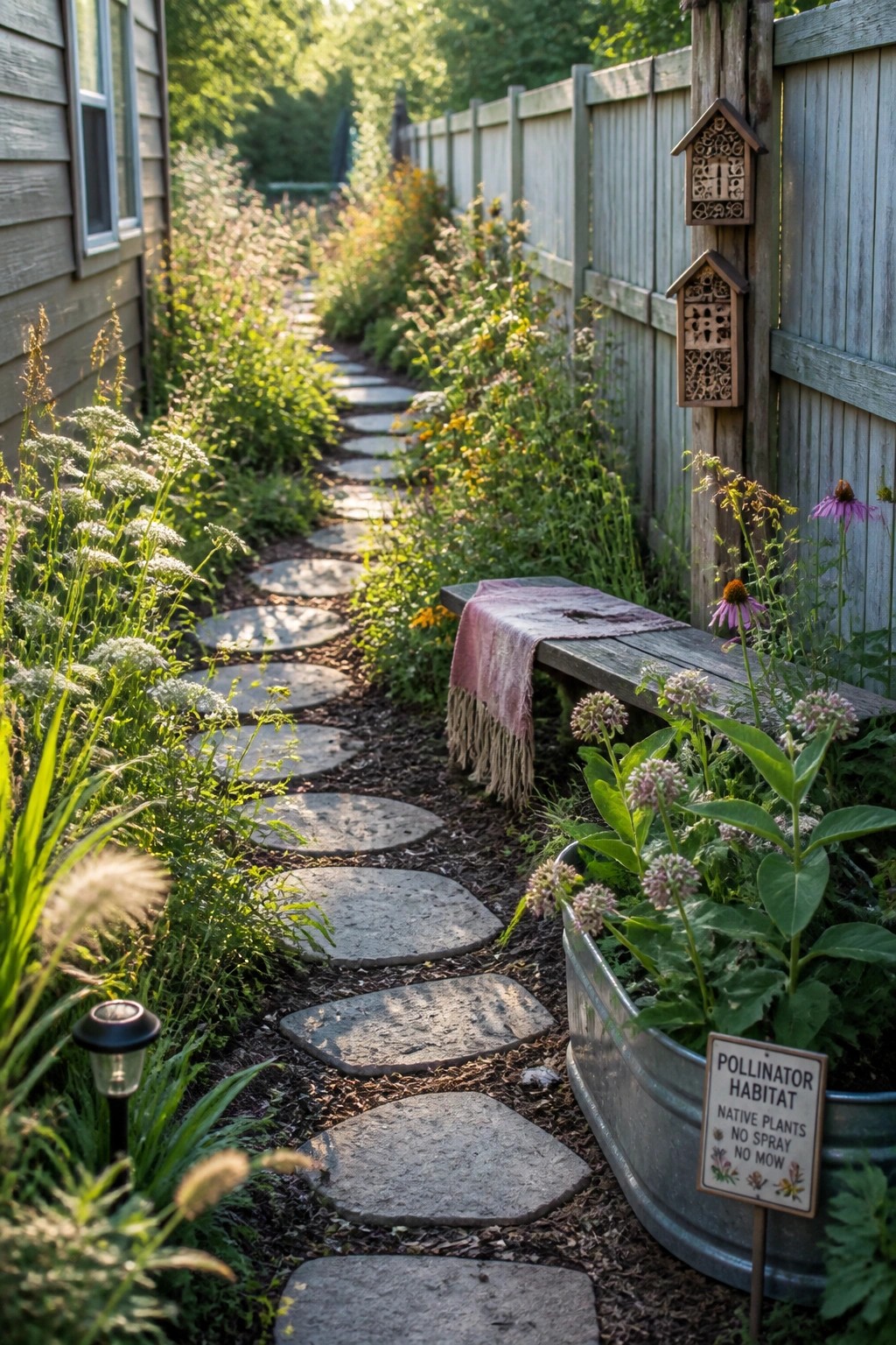 A narrow garden path made of irregular stepping stones runs between flower beds beside a wooden fence, with a bench and metal tub planter on the right.