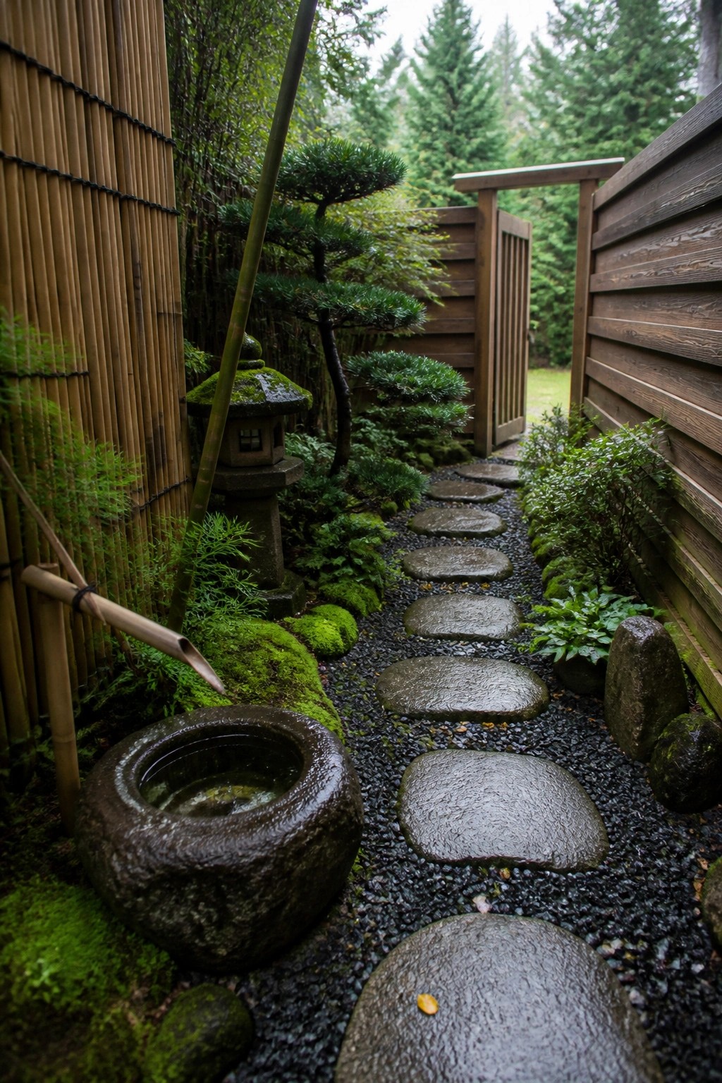 A narrow garden path of large wet stepping stones set in dark gravel, bordered by a bamboo fence on the left and wooden walls on the right, with a mossy stone lantern near a water basin.