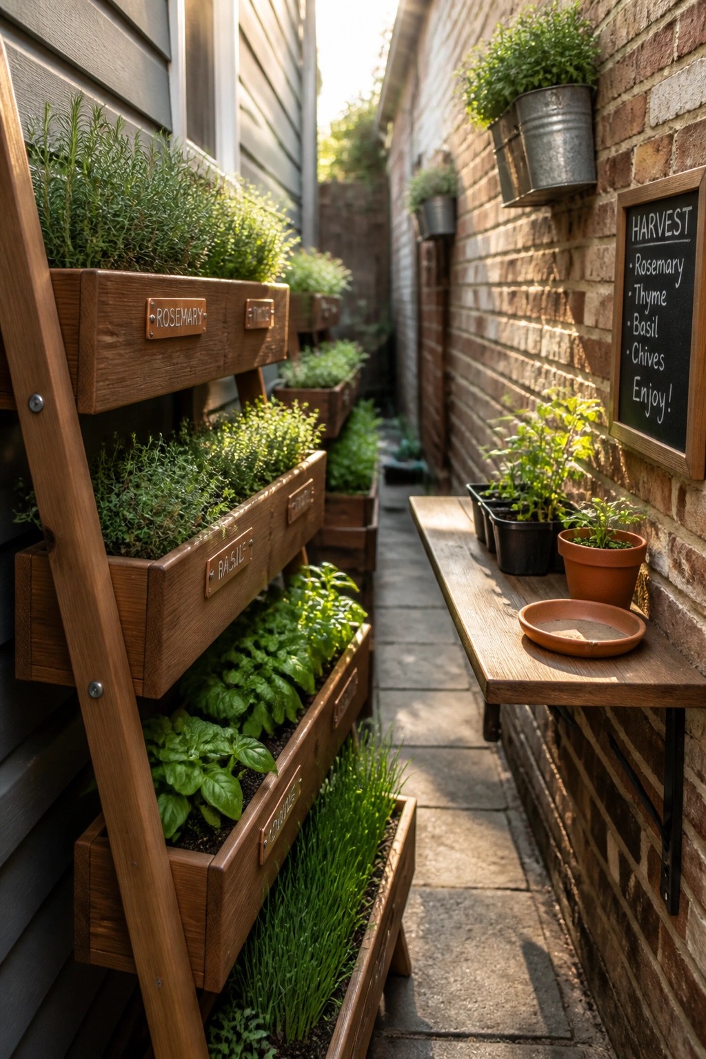 A narrow paved side yard with multi-tier wooden planters mounted against siding on the left and a wooden bench with potted plants against a brick wall on the right.