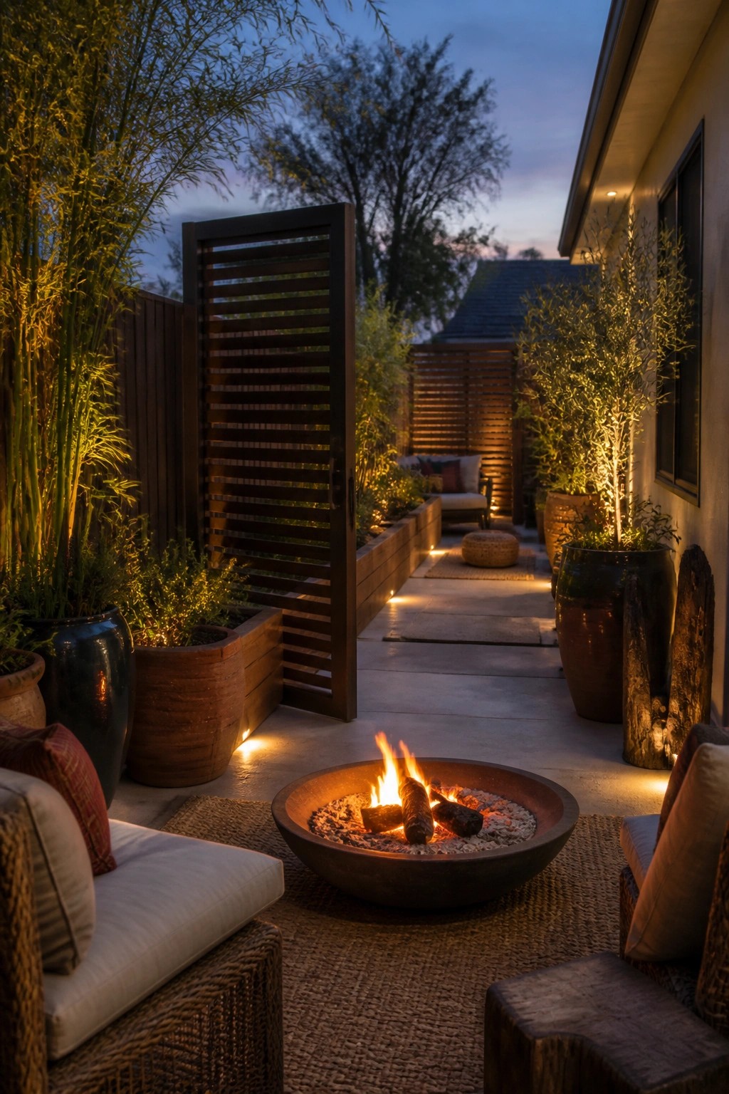 A round fire pit with burning logs on a woven rug between outdoor chairs in a narrow concrete side yard lined with potted plants and wooden screens.