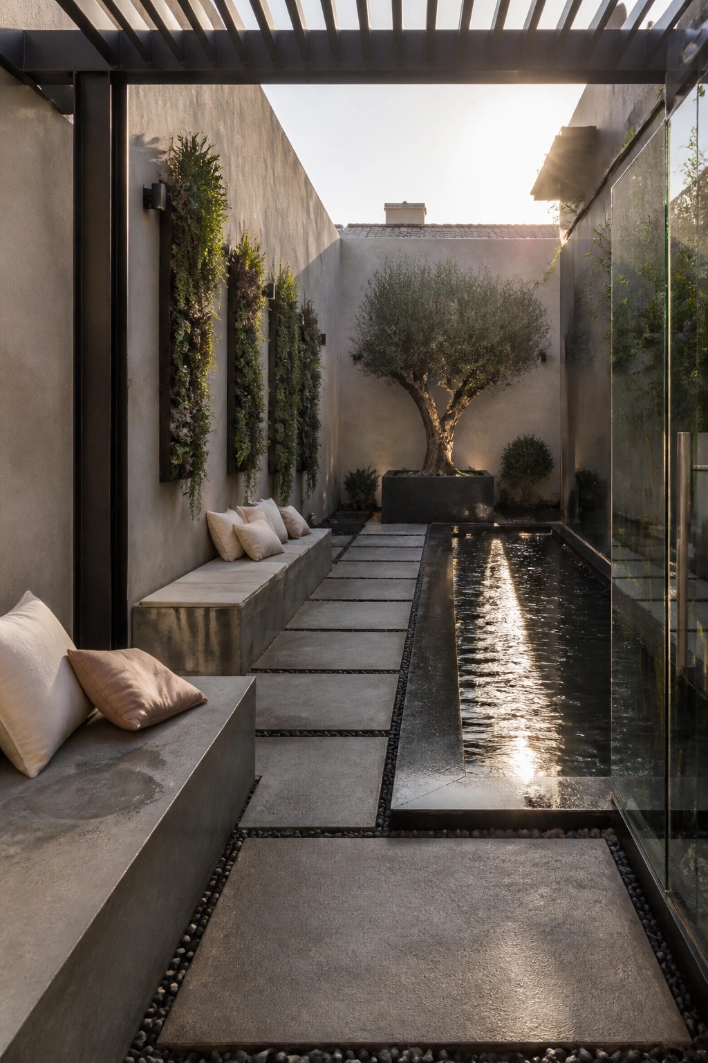 A narrow outdoor walkway bordered by a long rectangular water feature, concrete benches with cushions, and vertical plant walls on one side under a dark pergola.