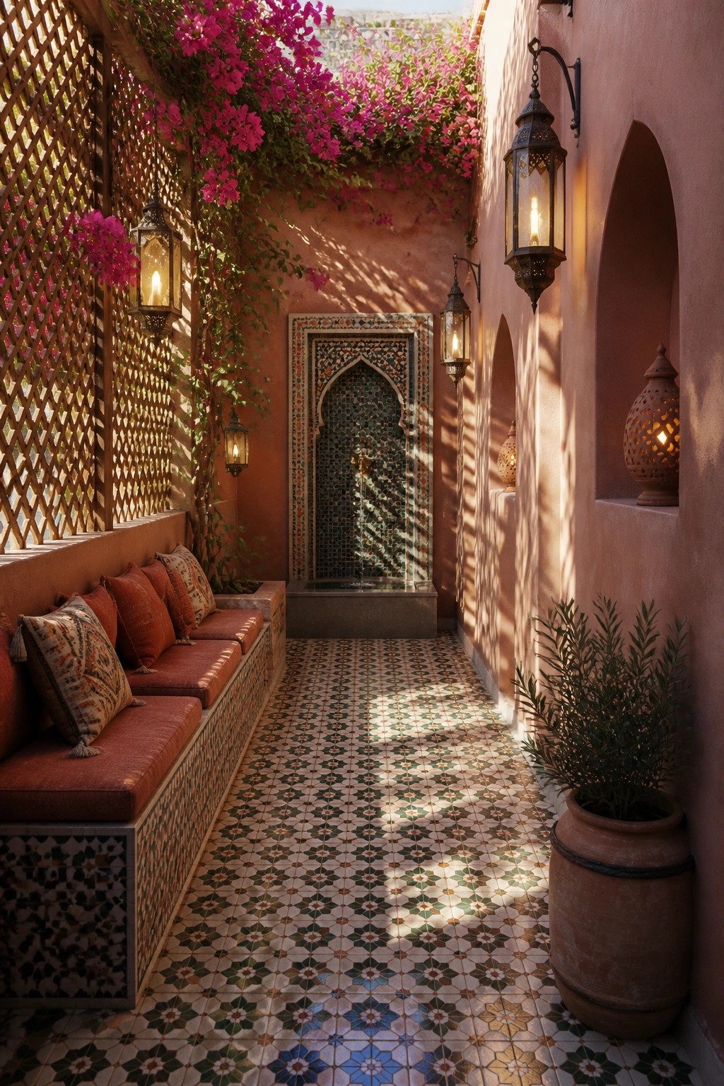 Sunlit Moroccan courtyard with mosaic fountain, hanging lanterns, and pink bougainvillea.