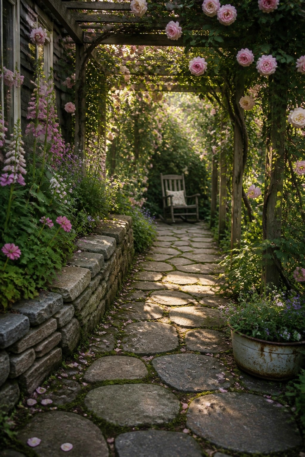 A narrow stone pathway runs beneath a wooden pergola covered in pink climbing roses, with flower beds along a low stone wall on the left and a rocking chair visible in the distance.