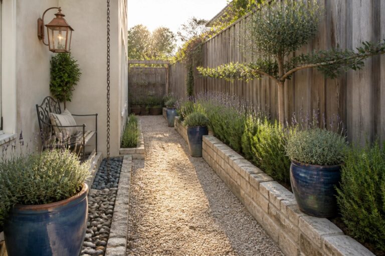 Narrow sunlit gravel path with blue pots, iron bench, rain chain, and wooden fence.