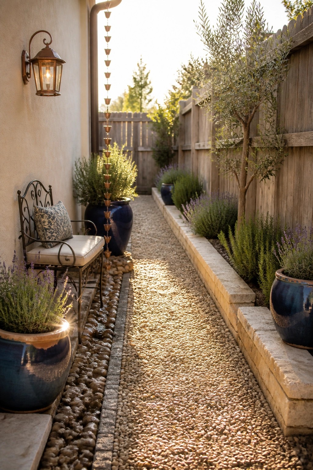 Narrow sunlit gravel path with blue pots, iron bench, rain chain, and wooden fence.