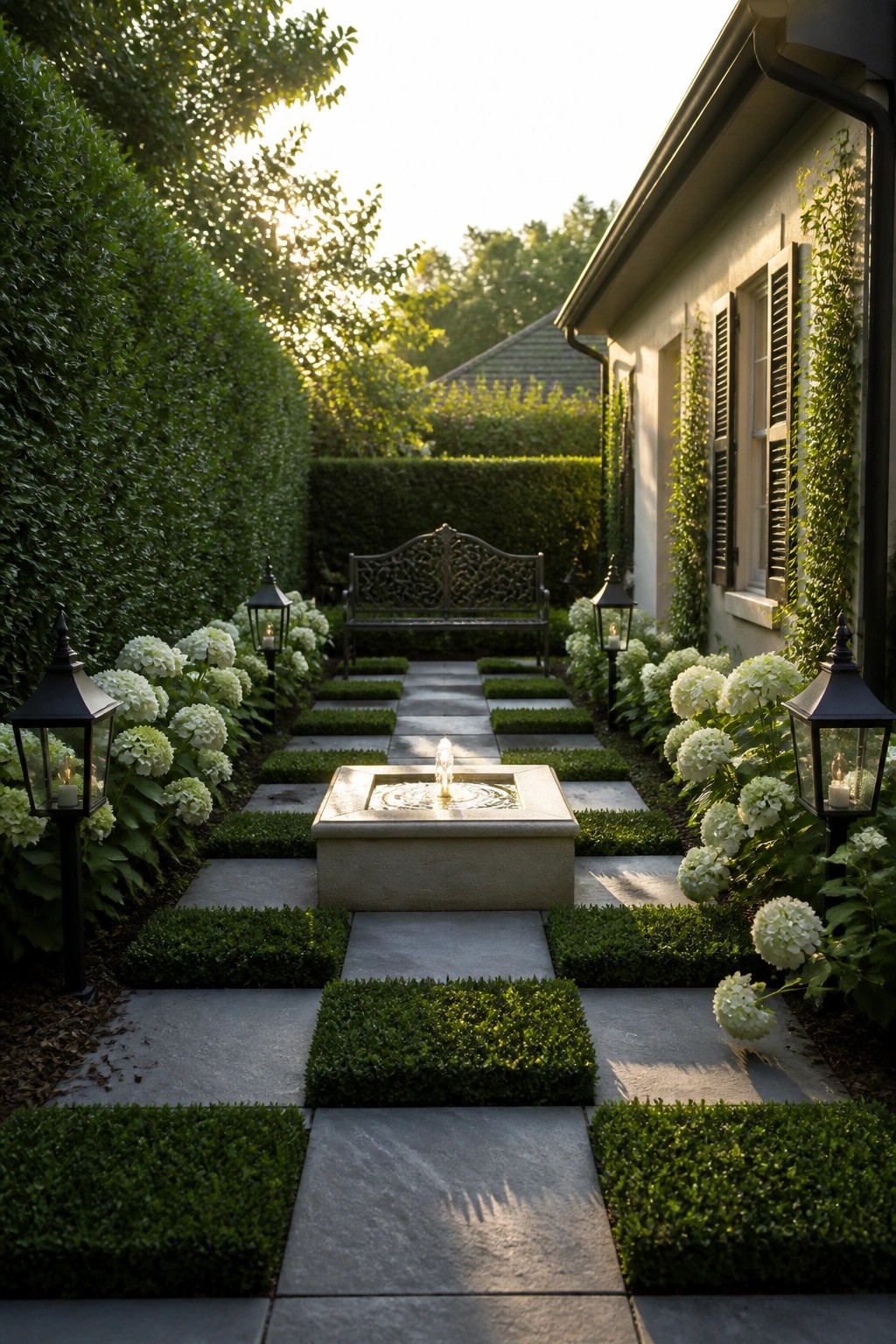 Symmetrical garden path with central fountain, white hydrangeas, lanterns, and bench.