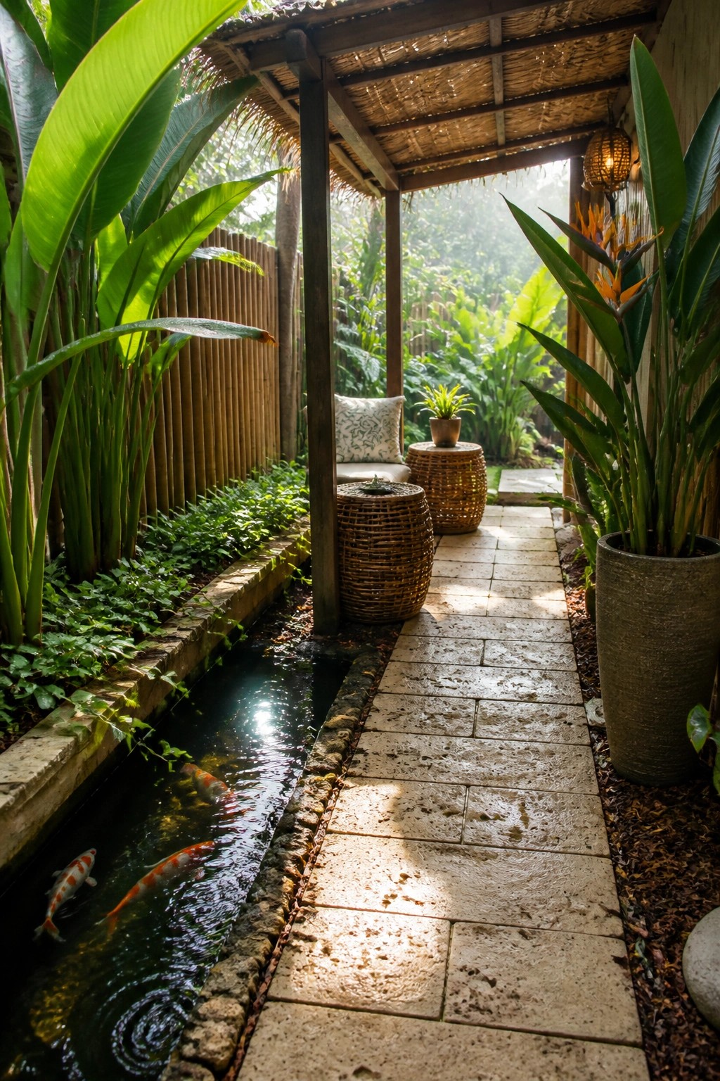 Stone pathway beside koi pond in lush tropical garden under thatched roof