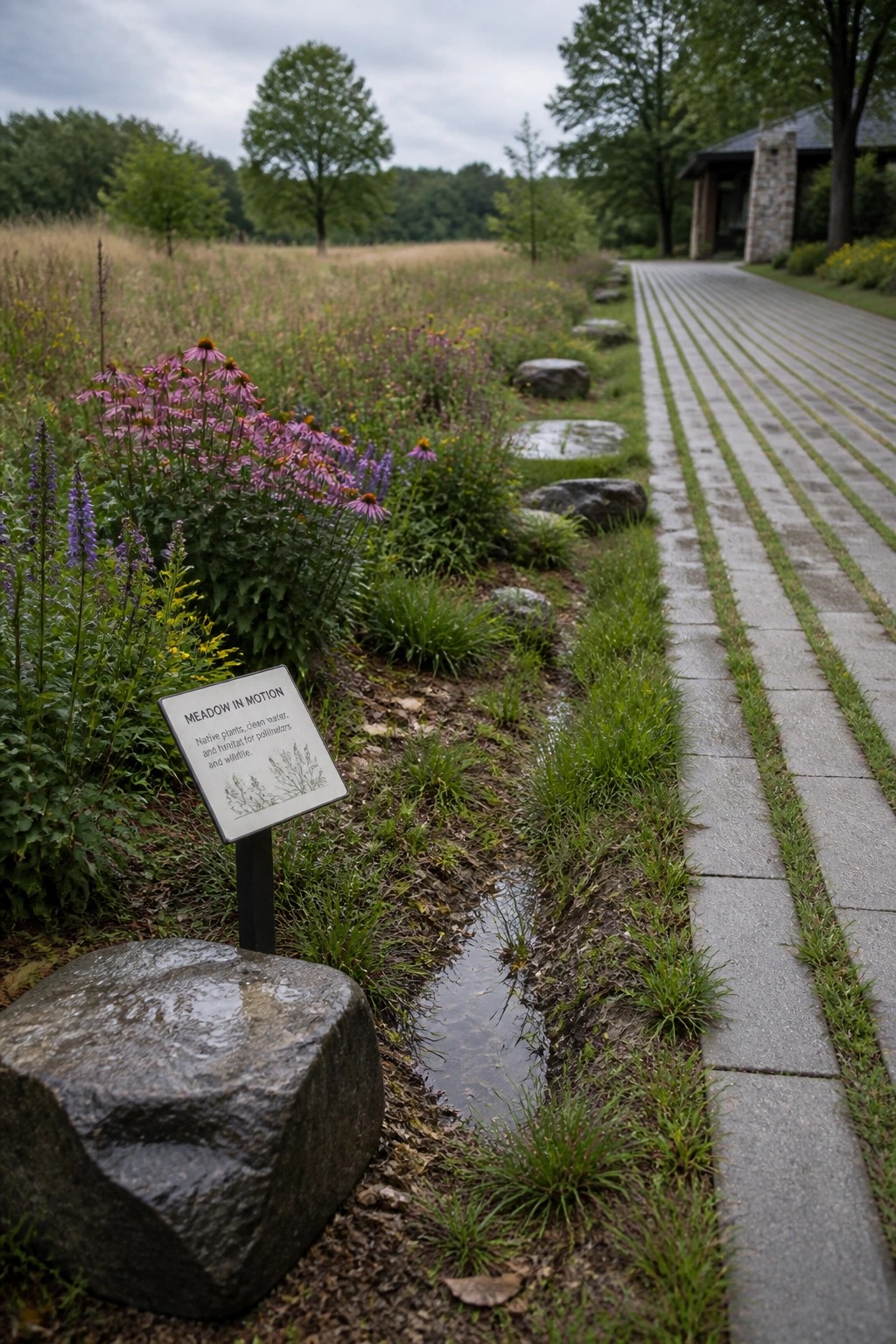 A paved walkway borders a narrow garden bed with purple coneflowers, grasses, and a shallow water channel, plus a small sign reading 