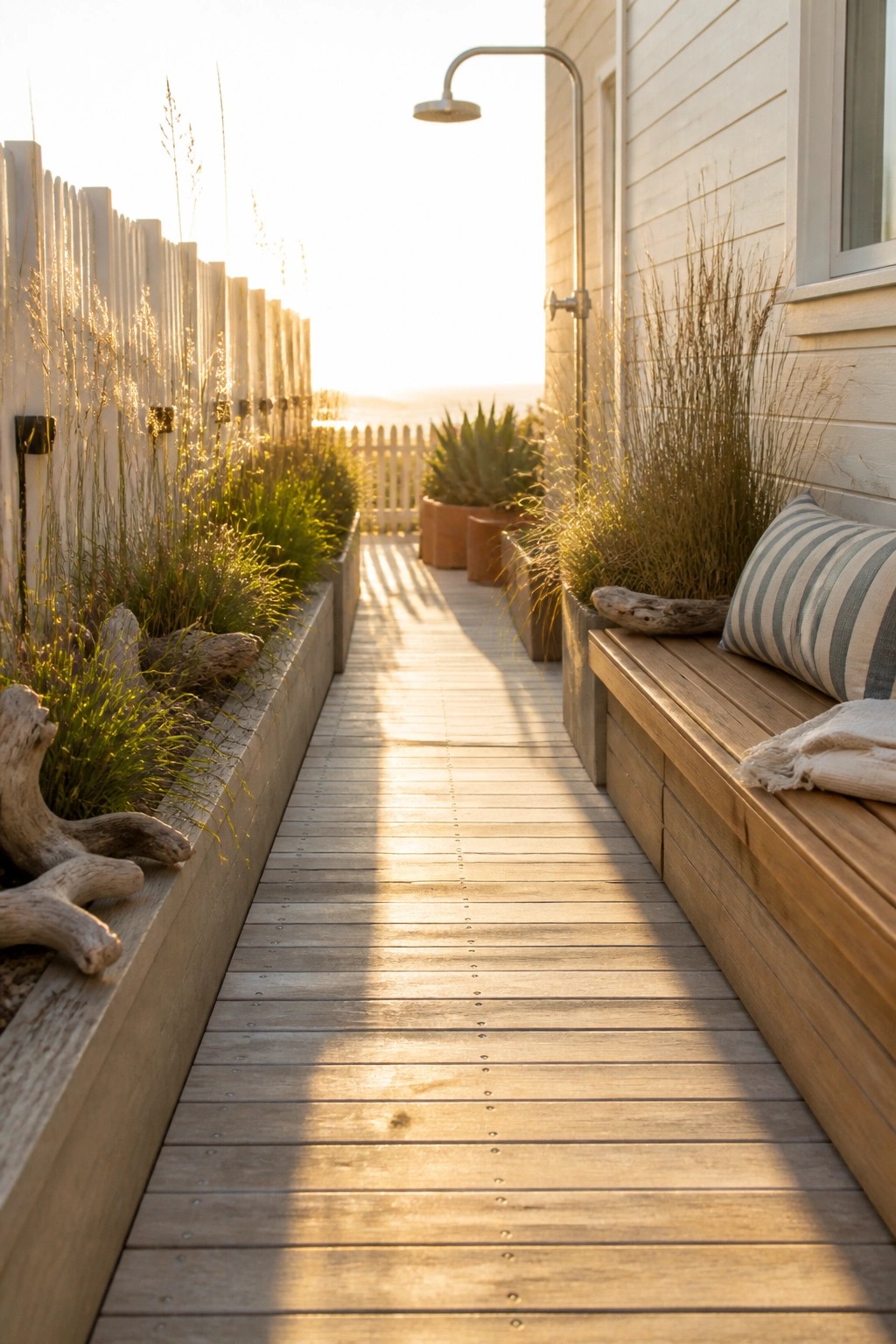 Wooden deck path lined with planters, bench, and outdoor shower at sunset