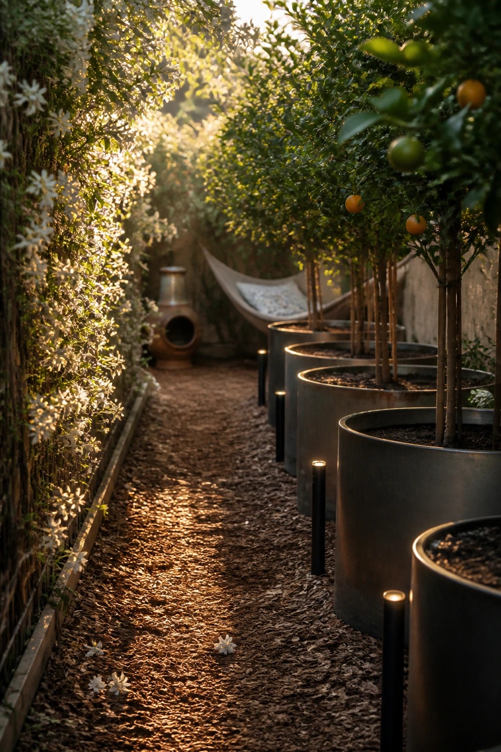 Sunlit path between white flower wall and potted citrus trees with oranges