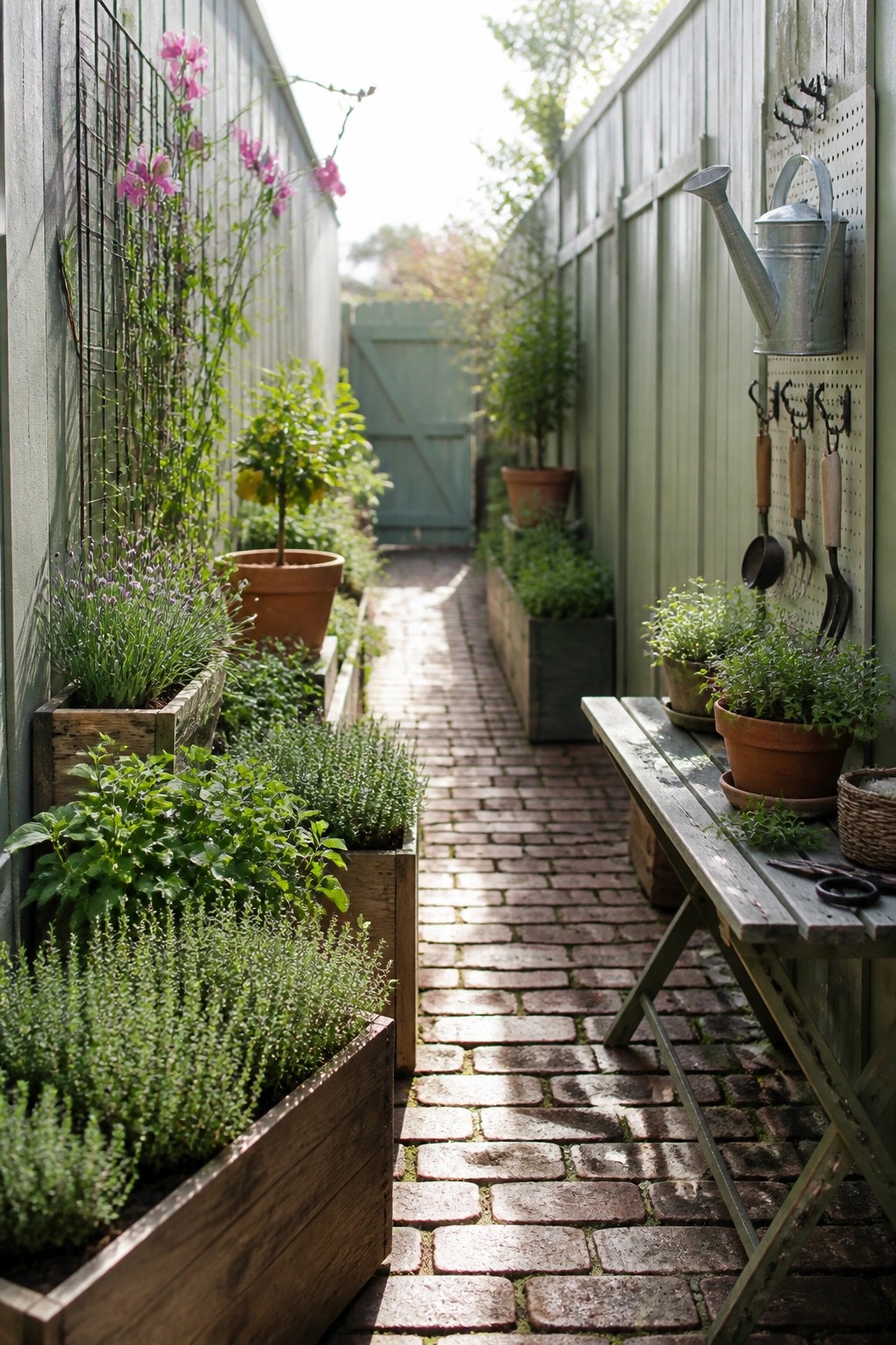 Narrow brick path lined with herb-filled wooden planters and wall-hung gardening tools.