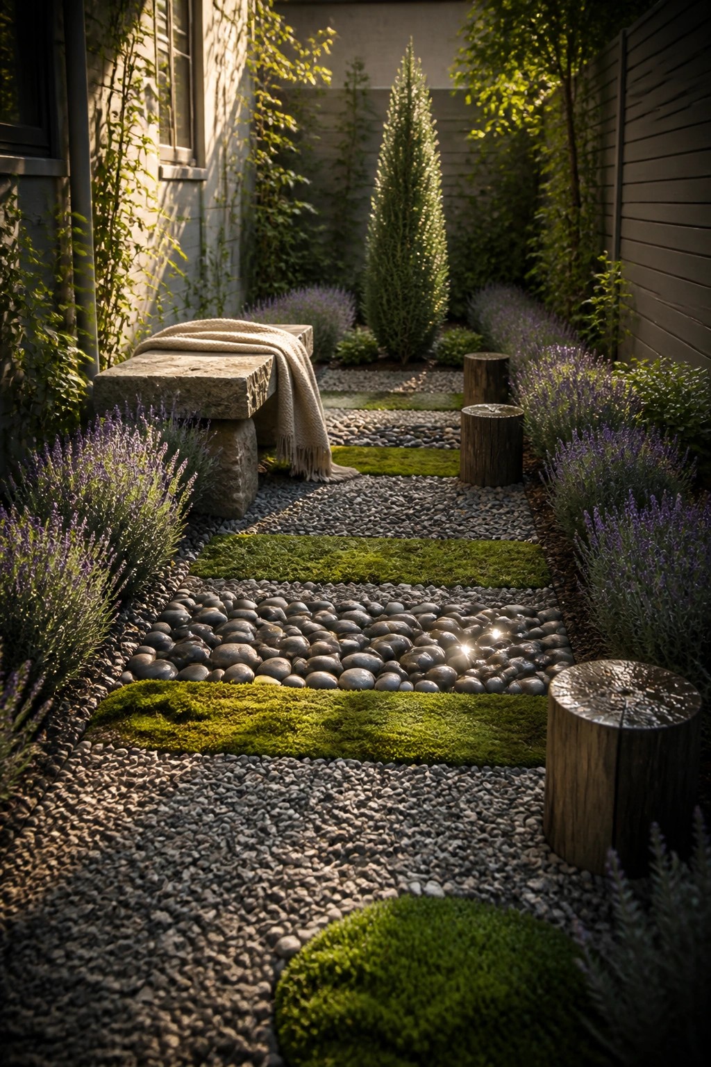 A narrow garden walkway with alternating bands of gray pebbles and green moss, bordered by lavender bushes and a stone bench on the left side.