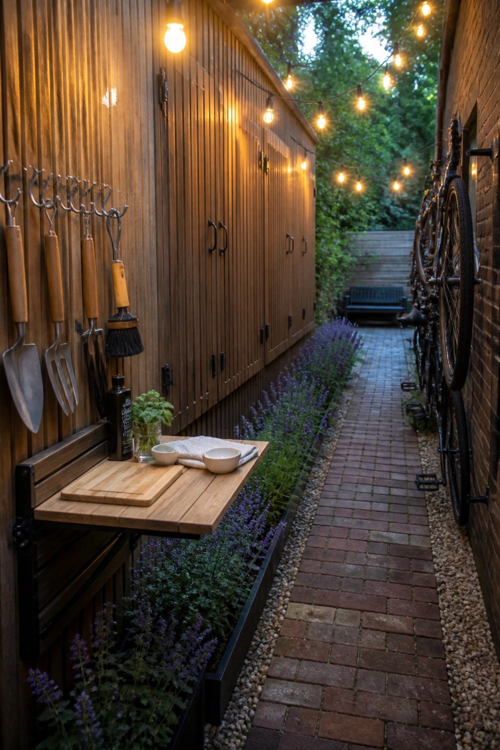 Narrow garden walkway lined with wooden siding holding mounted garden tools and a fold-down table on the left, lavender planting bed along the base, and bicycles mounted on the brick wall to the right under string lights.