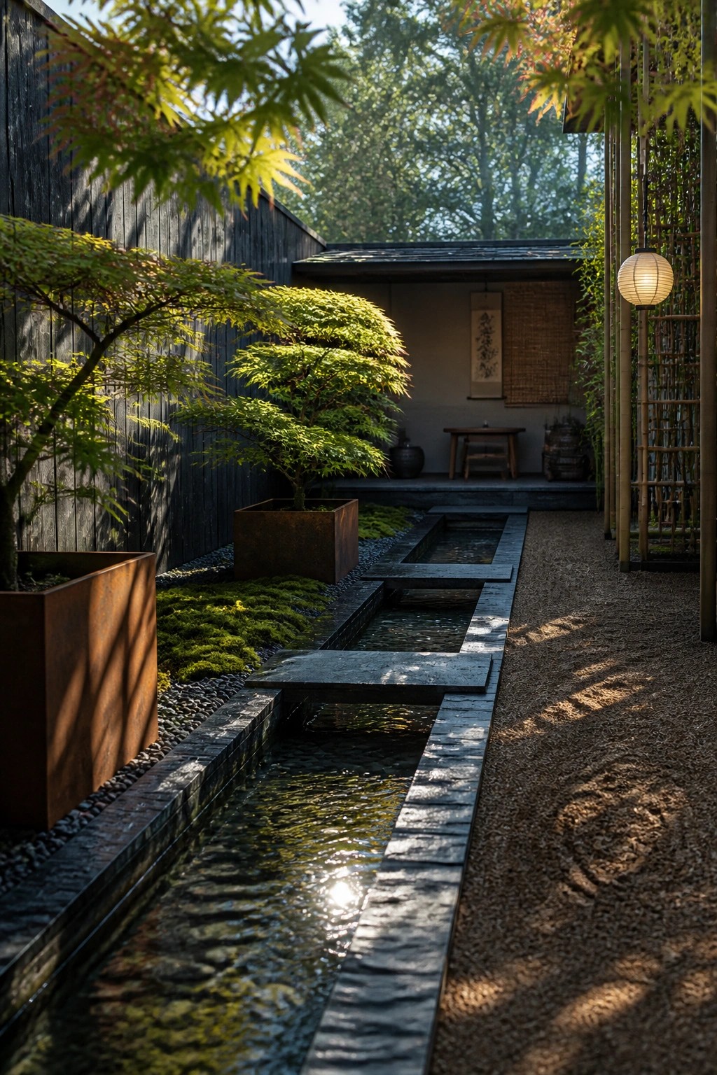 A long narrow garden path features a rectangular stone-edged water channel running through the center, with gravel surfaces, potted trees, and a hanging lantern on the right.