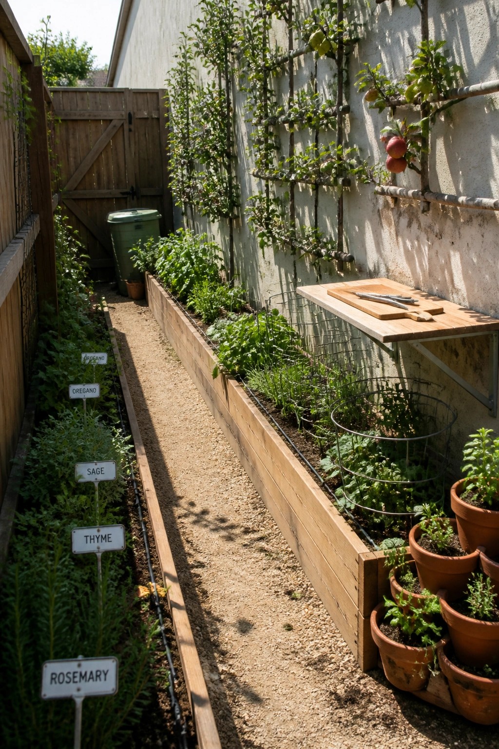 Herb garden with labeled rosemary, thyme, sage, oregano in raised beds beside espaliered apples.