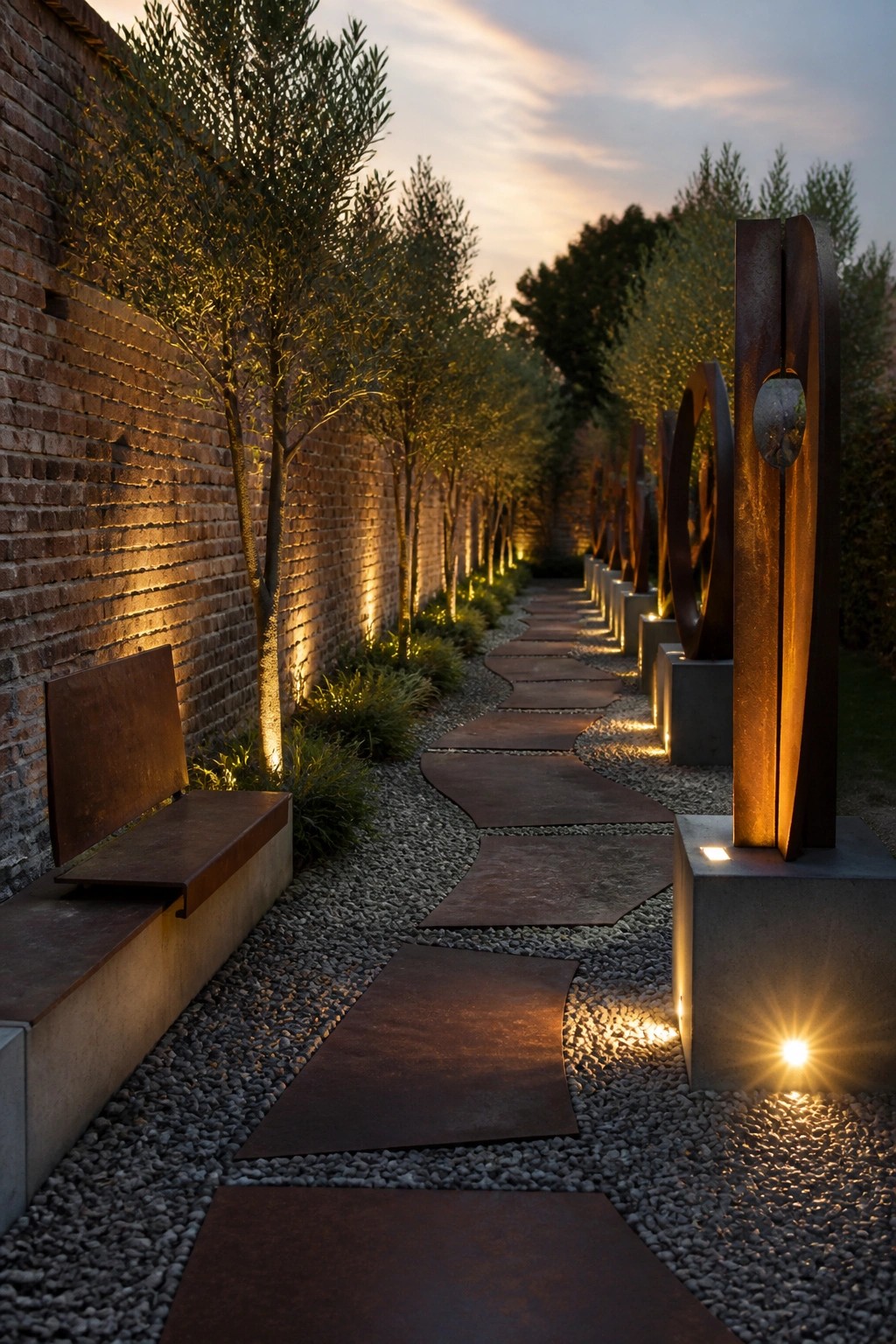 Modern sculpture garden path with lit trees, metal art, and brick wall at dusk
