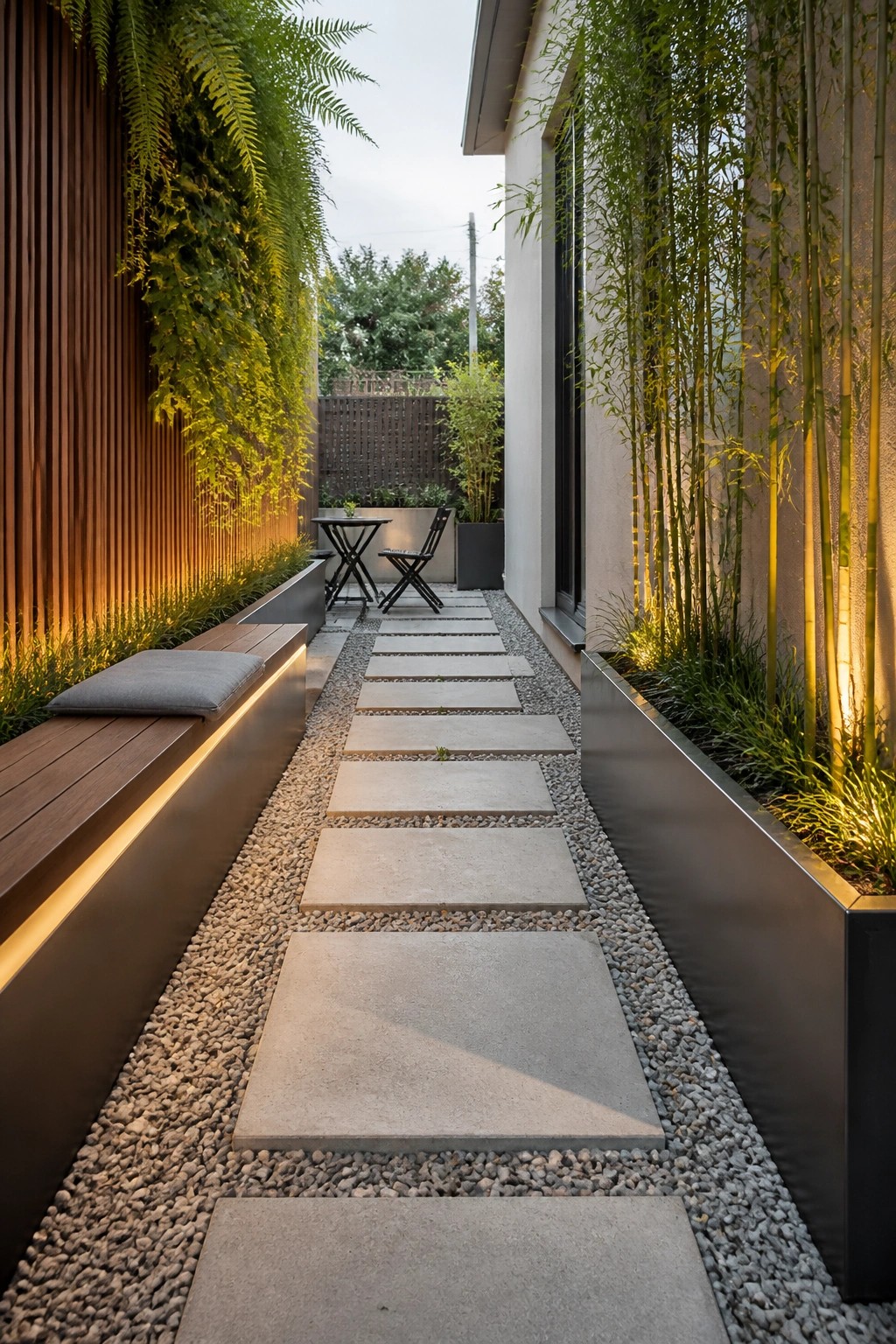 A narrow outdoor walkway lined with rectangular concrete stepping stones set into gravel, bordered by raised metal planters with tall bamboo and a wooden bench with a cushion on the left side.