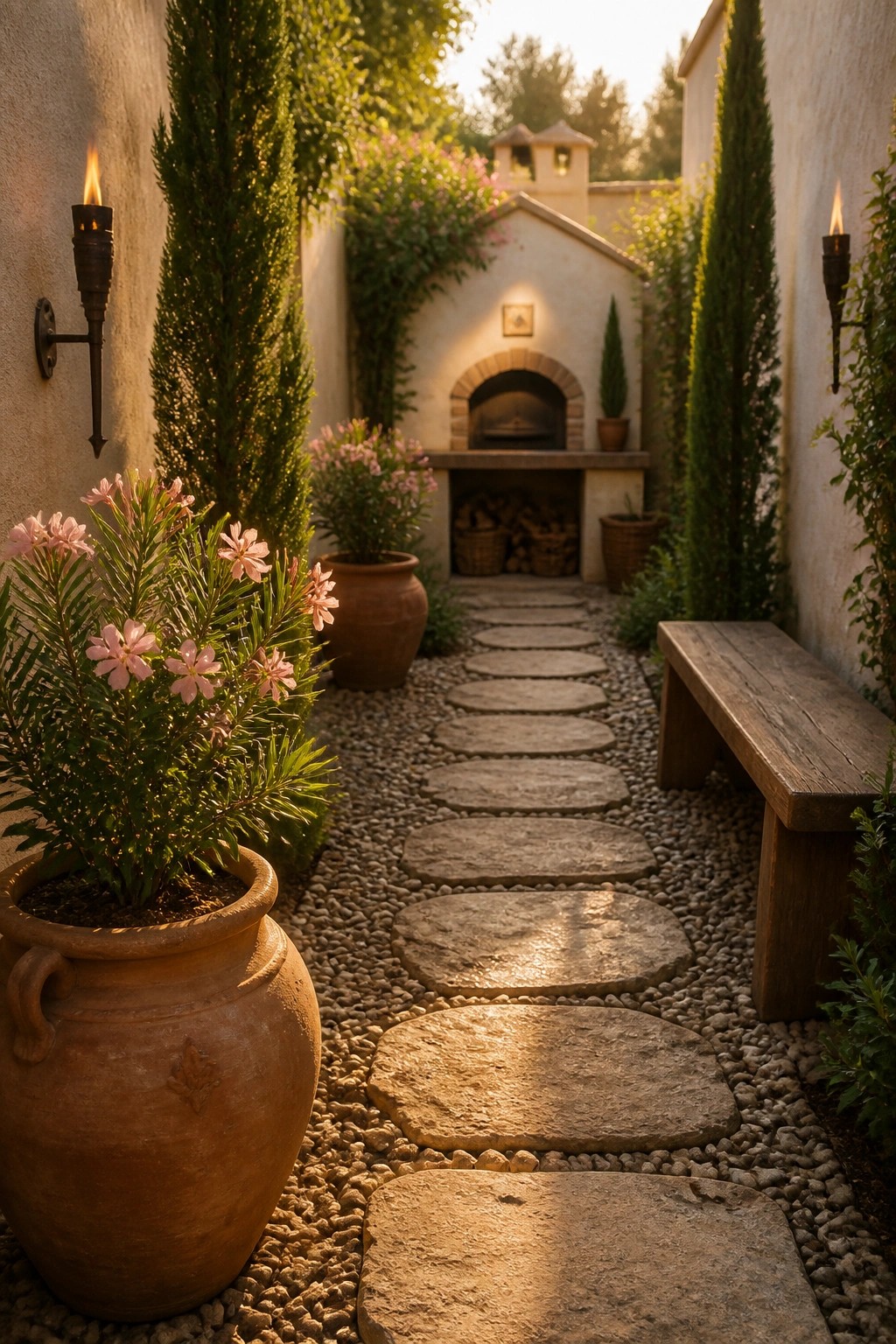 A narrow outdoor walkway made of large irregular stepping stones set in gravel, lined with tall evergreen trees, potted pink flowers, and wall-mounted torches, leading toward a built-in outdoor oven.