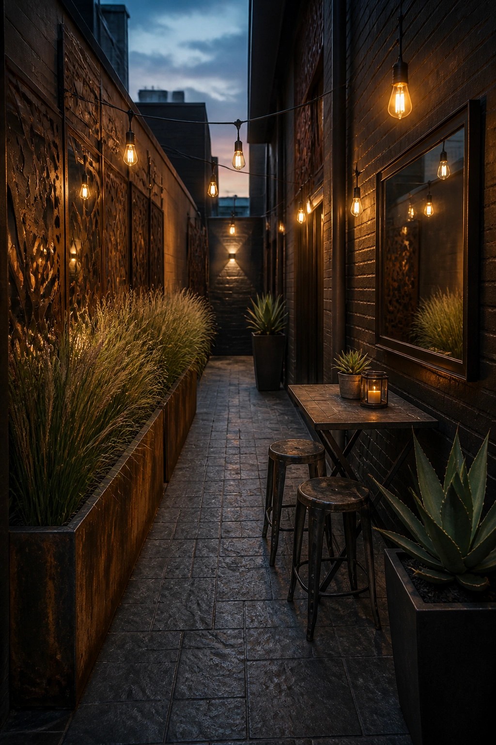 A narrow paved walkway between brick walls with string lights overhead, potted plants along the sides, and a small table with two stools.
