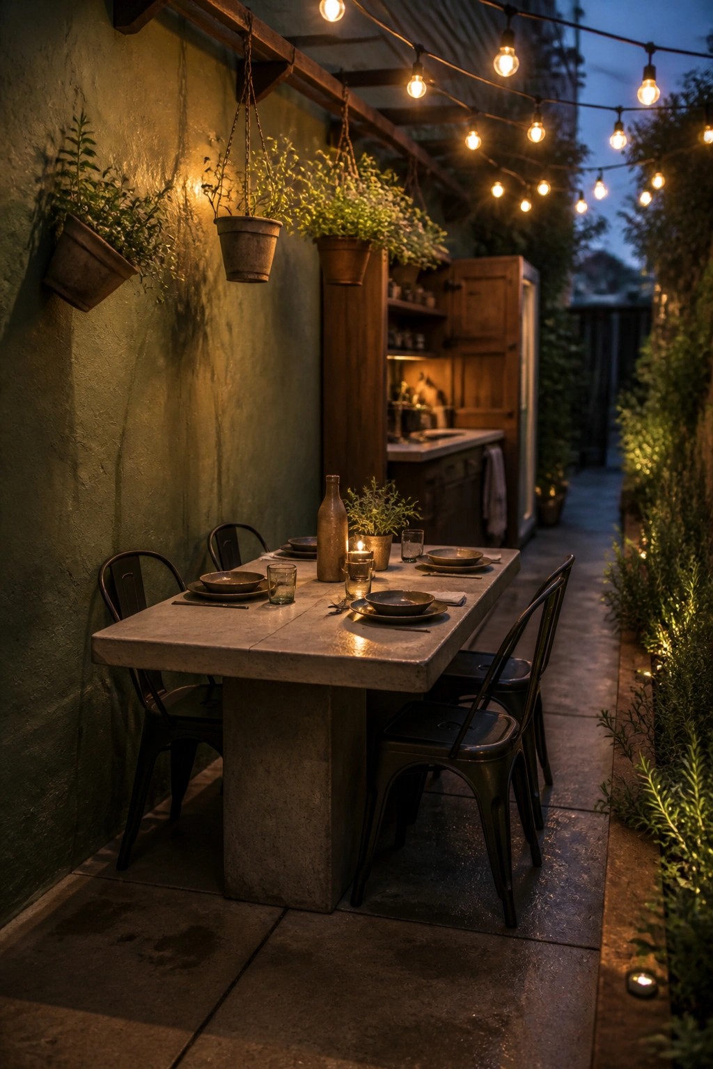 A long concrete dining table with metal chairs set in a narrow outdoor passageway between green walls, lined with hanging plants and illuminated by string lights.
