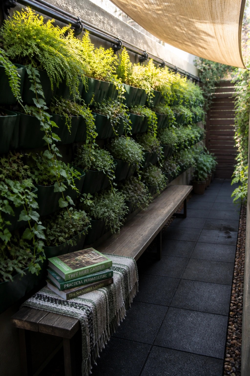 A narrow paved walkway beside a concrete wall covered in rows of dark green wall-mounted planters filled with various green plants, with a wooden bench holding stacked books in the foreground.