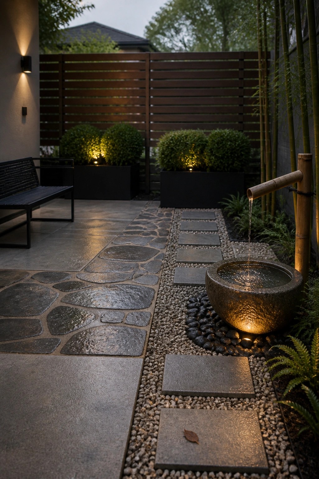 A narrow outdoor patio with irregular stone pavers, square stepping stones set in gravel, a bamboo spout pouring into a stone basin, a black bench on the left, and shrubs along a wooden fence.