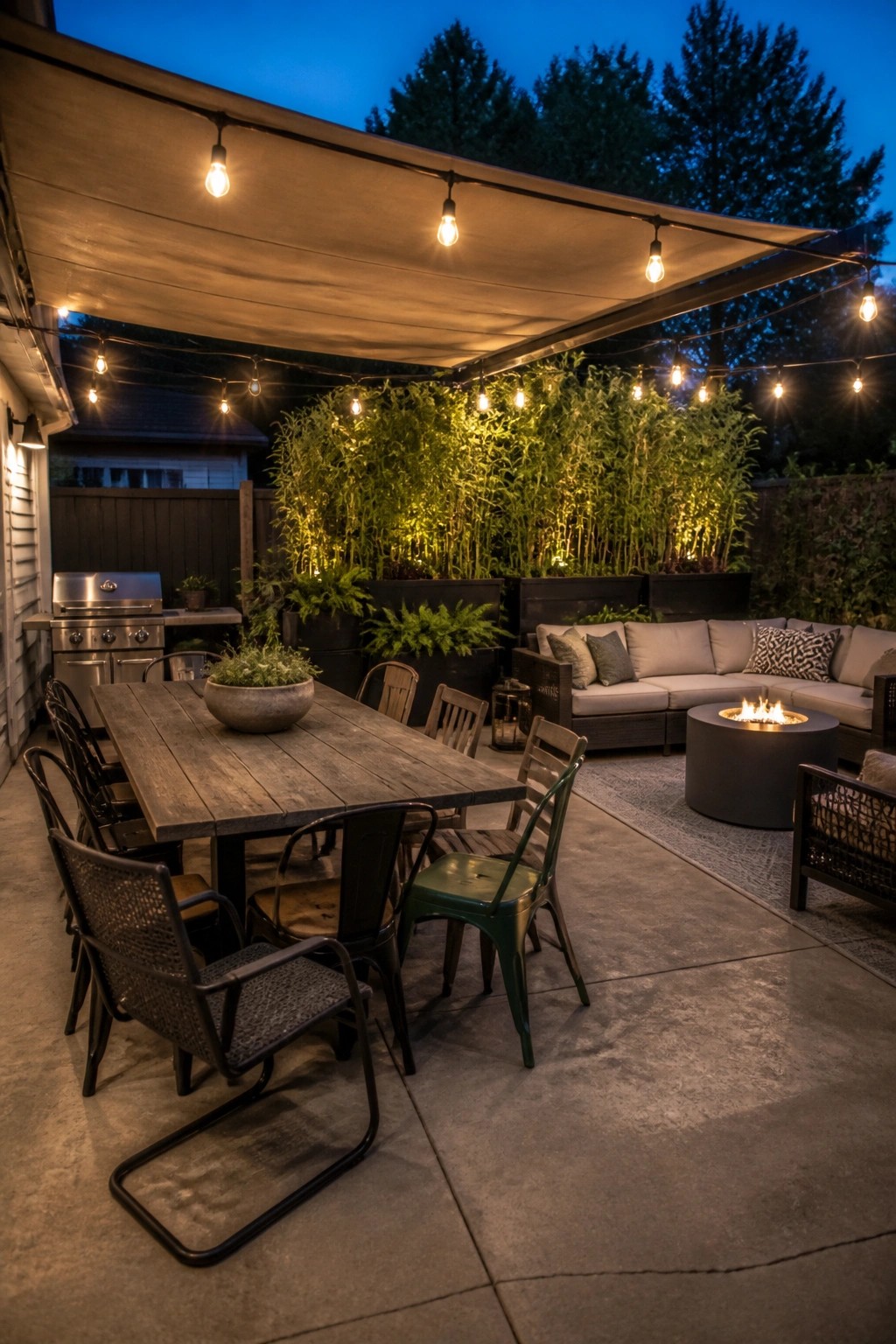 Concrete patio at dusk with large fabric awning overhead, string lights, wooden dining table with mixed chairs, round fire pit, and sectional seating.