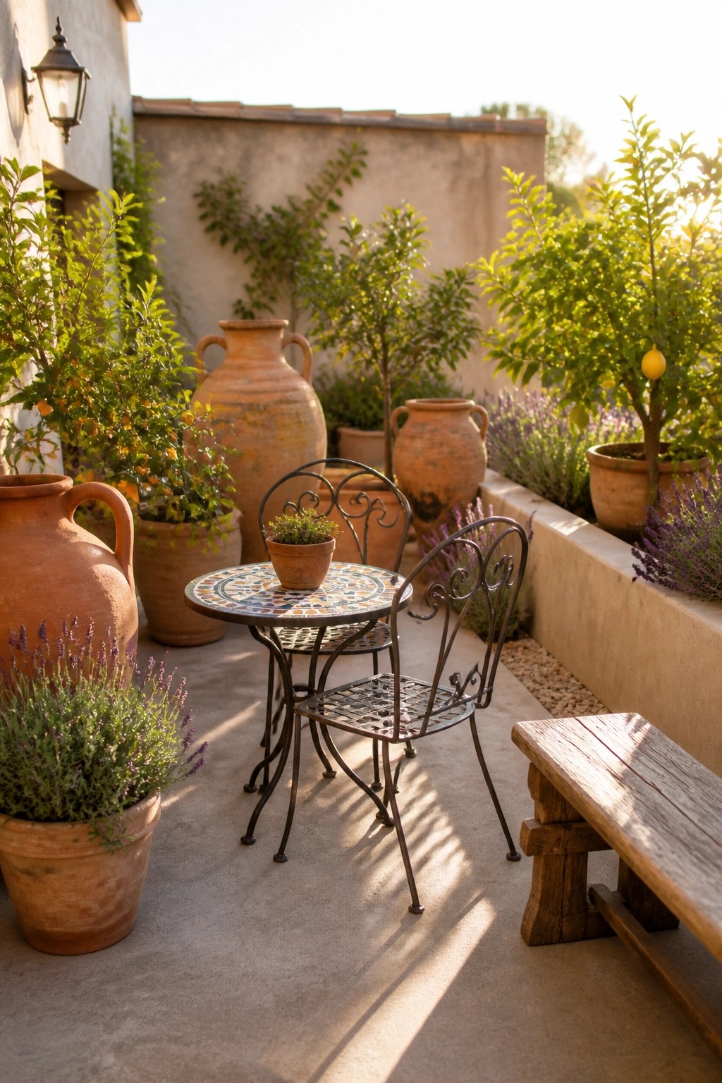 A concrete patio with a mosaic table, two metal chairs, and multiple large terracotta pots filled with plants and lavender beside a low wall.