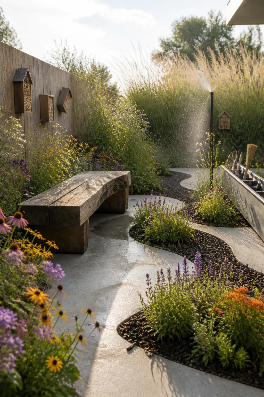 A garden with a curving concrete path bordered by flower beds, a wooden bench on the left, and a wooden wall with birdhouses.