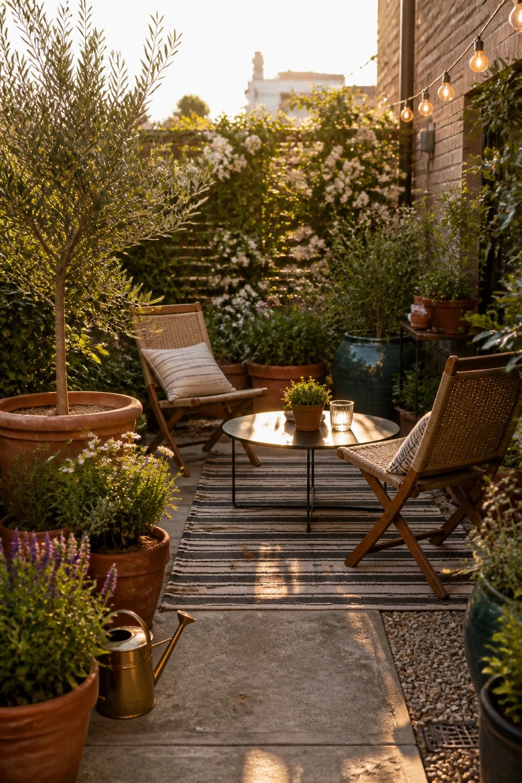 A concrete patio with two wooden folding chairs and a round table arranged on a black and white striped rug, surrounded by terracotta pots and greenery.