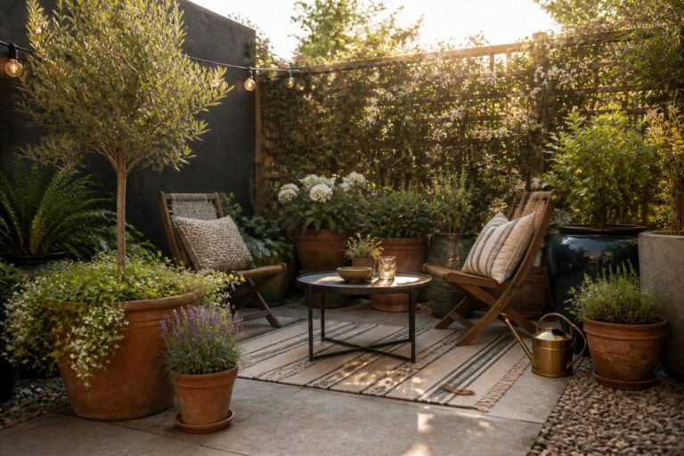 20 Creative Patio Garden Ideas That Turn Bare Concrete Into a Relaxing Green Space A concrete patio with two wooden folding chairs and a round table arranged on a black and white striped rug, surrounded by terracotta pots and greenery.