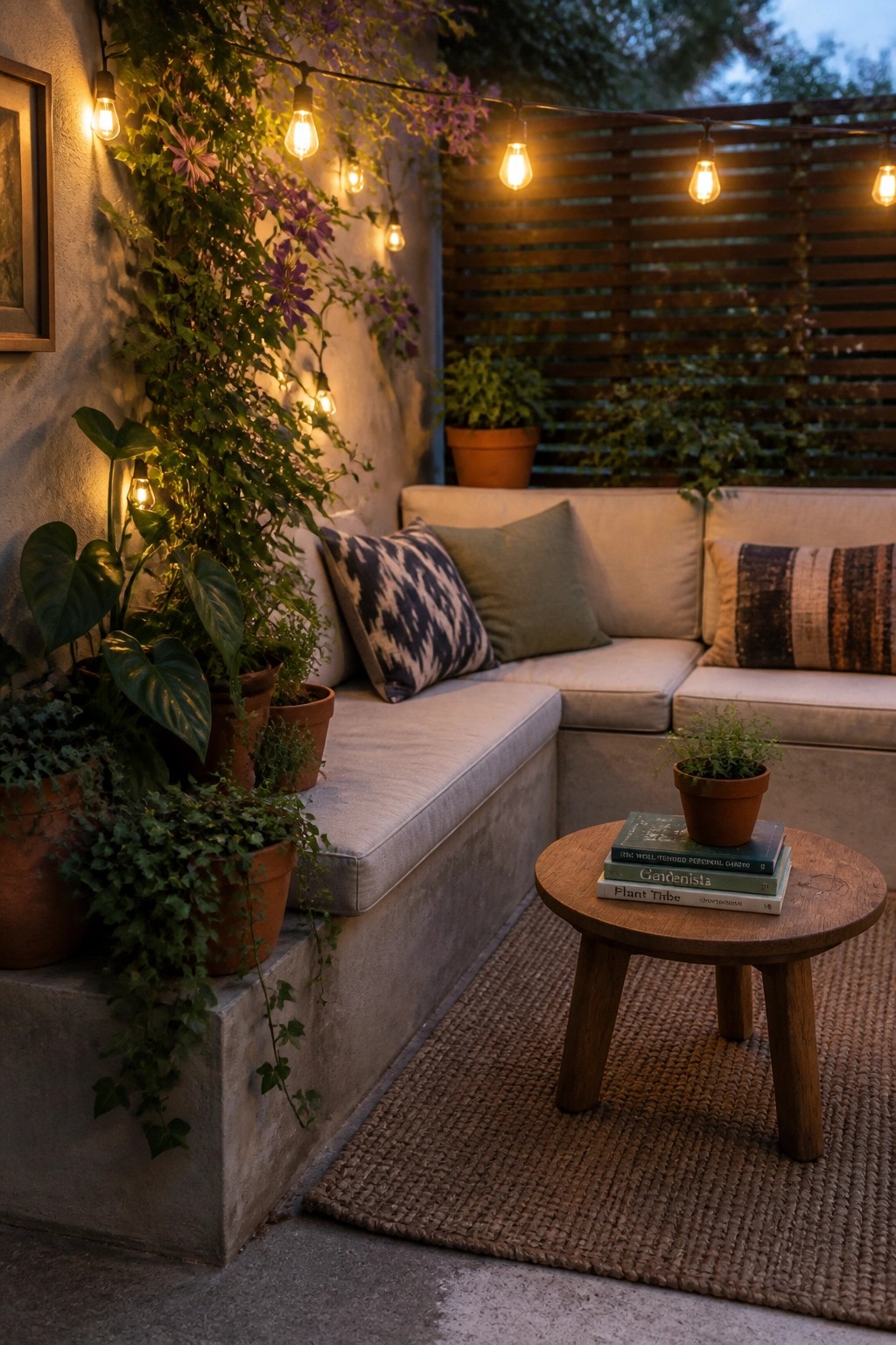 A concrete patio with built-in seating, cushions, numerous potted plants along the walls and bench, string lights, a wooden table with books, and a woven rug.