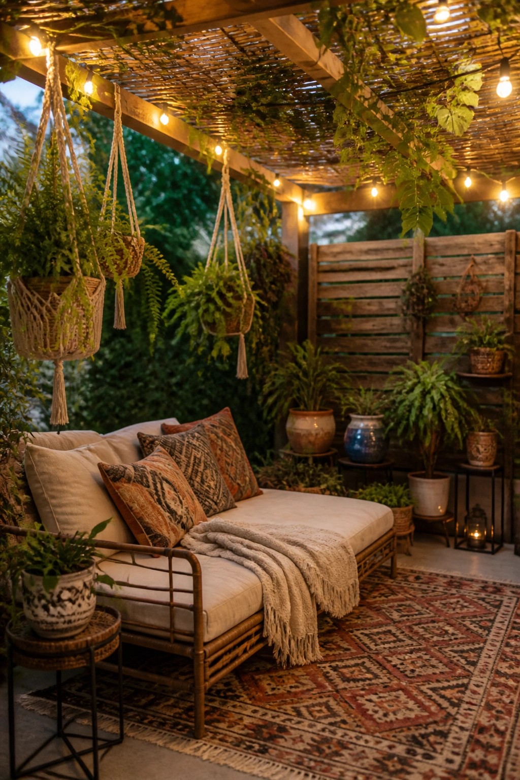 A wooden pergola patio with hanging macrame planters, string lights, a cushioned daybed, patterned rug, and potted plants along a wooden fence.