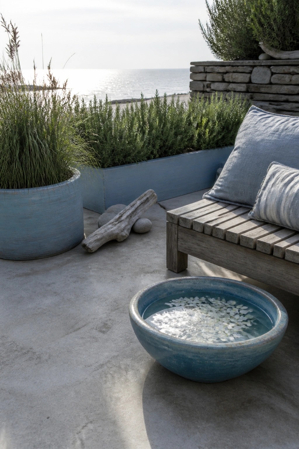 A concrete patio features a weathered wooden bench with blue cushions, large blue ceramic planters holding tall green plants, a blue water bowl with white flowers, and driftwood on the ground.
