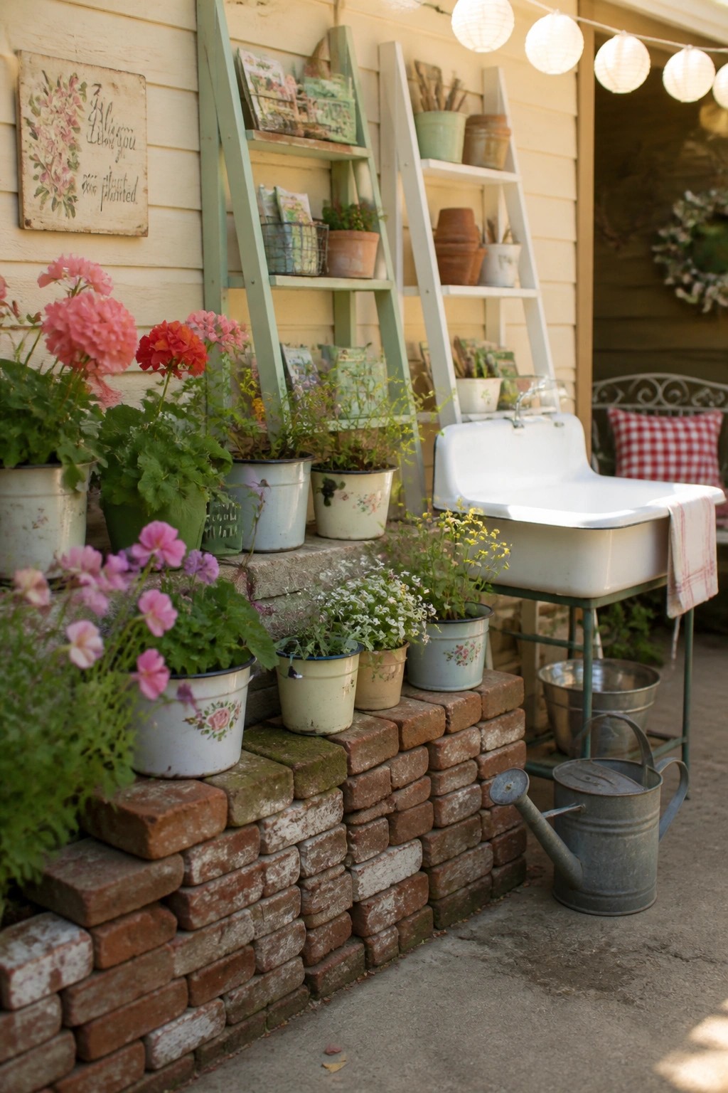 A patio corner with potted flowers arranged on brick steps next to a white sink, green ladder, and metal watering can.