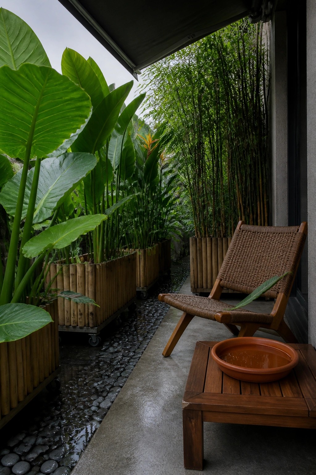 A patio area with large leafy plants in wooden planters on wheels beside a woven lounge chair and small wooden table on concrete.