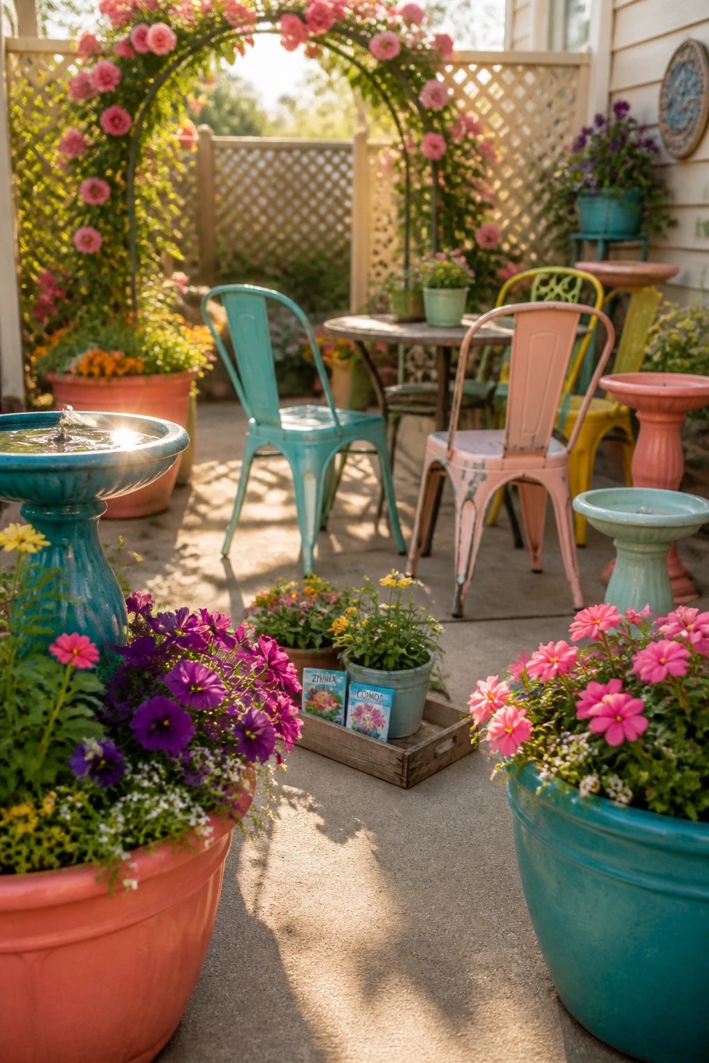 A concrete patio with colorful metal chairs around a table, multiple potted flowers in turquoise, coral, and pink containers, a small fountain, and a rose-covered arch in the background.