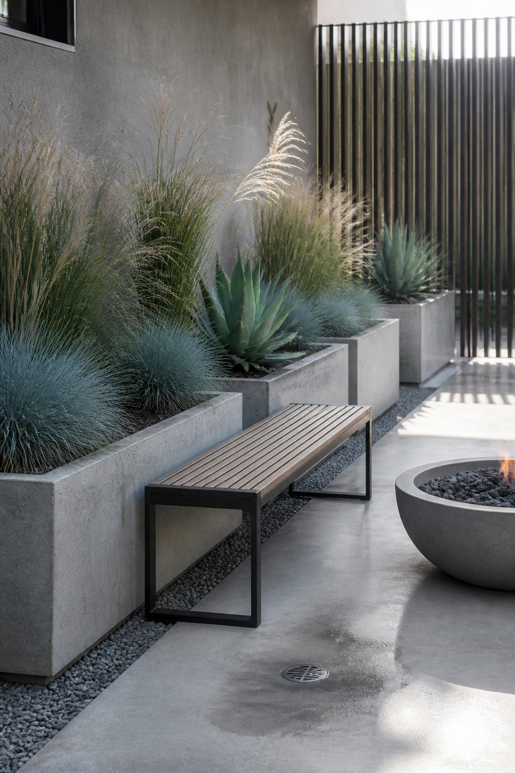 A modern outdoor patio shows a wooden bench placed directly beside rectangular concrete planters filled with tall grasses and agave plants, next to a round concrete fire pit.