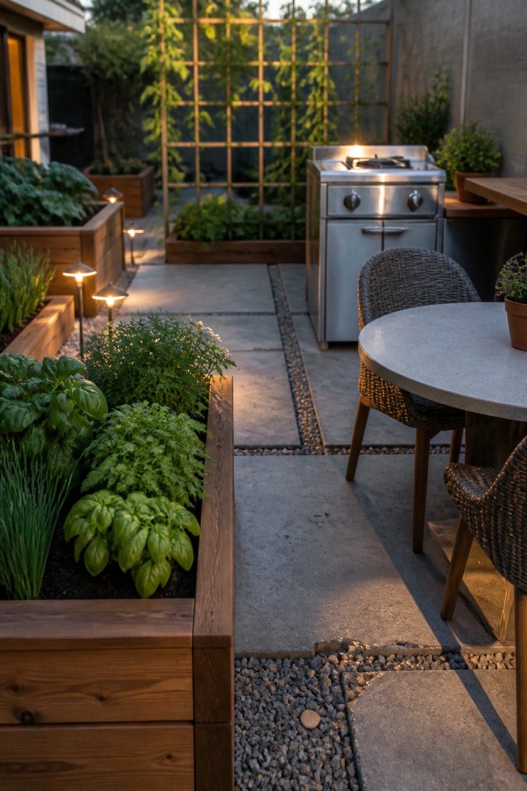 A concrete patio bordered by raised wooden garden beds filled with herbs, an outdoor dining table with woven chairs, and a stainless steel grill nearby.