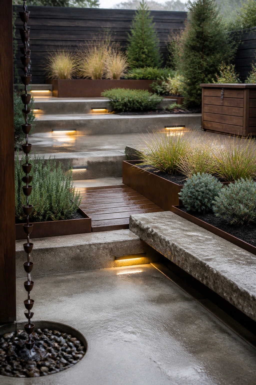 Concrete patio with raised metal planters containing grasses and shrubs, wooden steps, and embedded pathway lights.