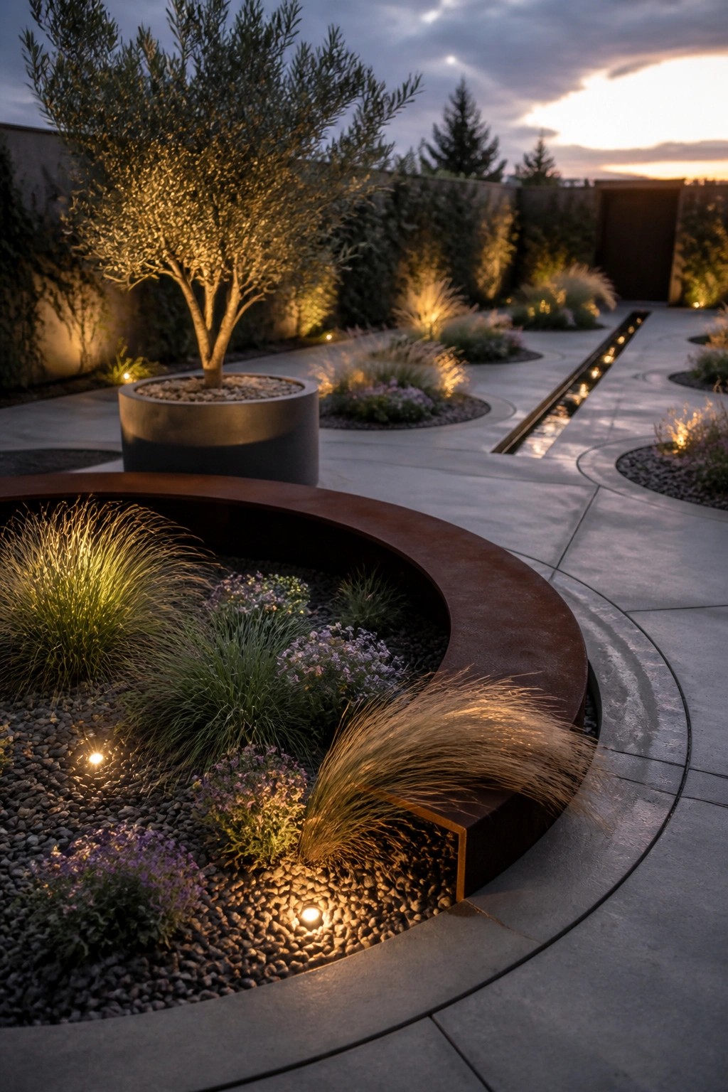 A concrete patio at dusk with circular planting beds edged in dark metal, filled with ornamental grasses, purple flowers, and small pathway lights.